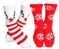 Christmas Holiday Slipper Socks 2-Pair for Women Reindeer Stripes Snowflakes (Red Reindeer Snowflakes)X2121