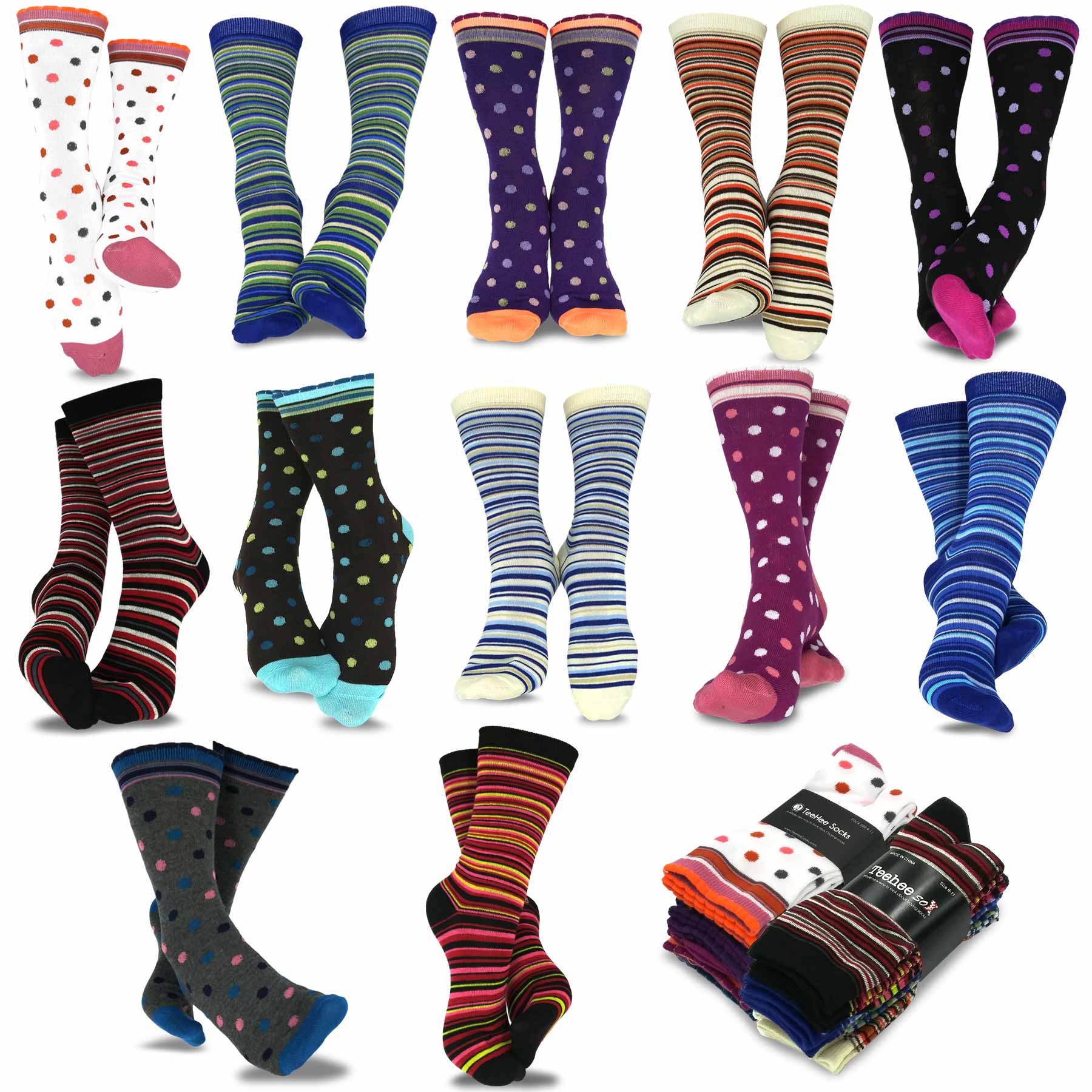 TeeHee Socks Women's Casual Polyester Crew Dots and Stripes