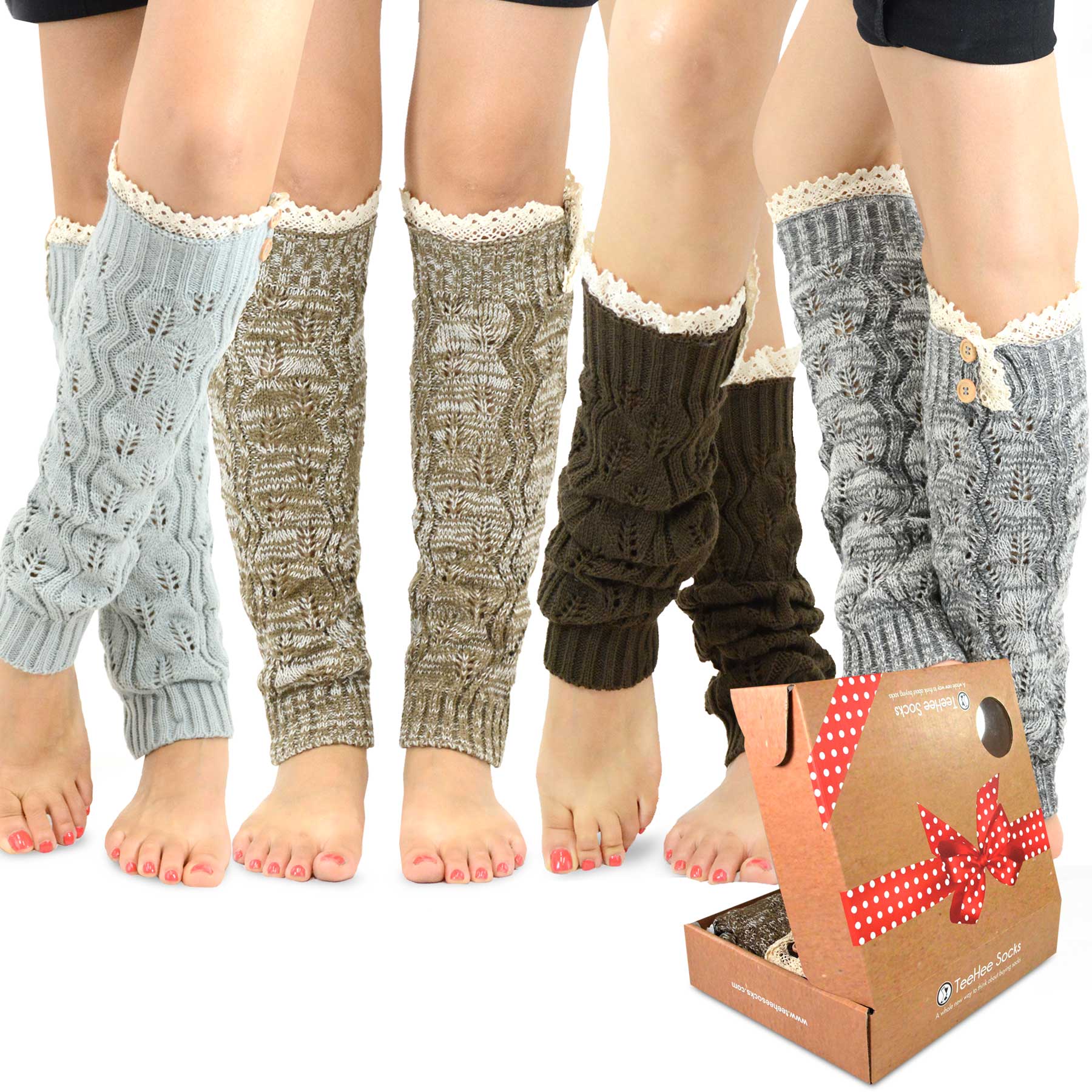 TeeHee Socks Women's Acrylic Leg Warmer Lace with Button 4-Pack Gift B