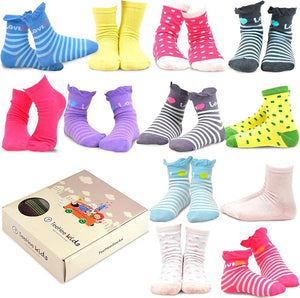 TeeHee Socks Kid's Casual Cotton Short Crew Polka Dots & Stripes Ruffle 12-Pack Gift Box (70037A)