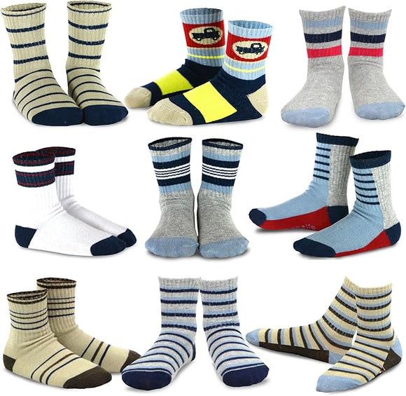 TeeHee Socks Kid's Casual Cotton Short Crew Basic 9-Pack Vintage Boy (70845)