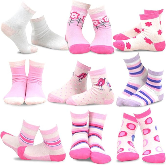 TeeHee Socks Kid's Casual Cotton Short Crew Basic 9-Pack Vintage Girl (70846)