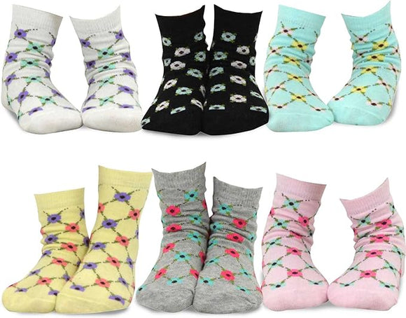 TeeHee Socks Little Girl's Casual Cotton Short Crew Floral Trellis Stripe 6-Pack (70922)