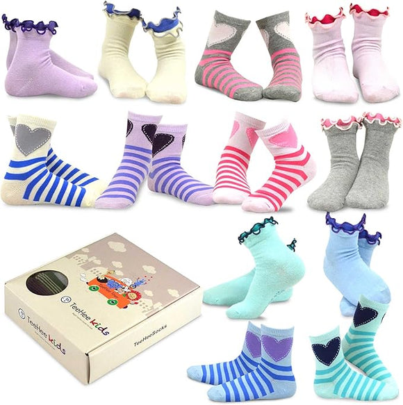 TeeHee Socks Little Girls Casual Cotton Short Crew Hearts 12-Pack Gift Box (71007)