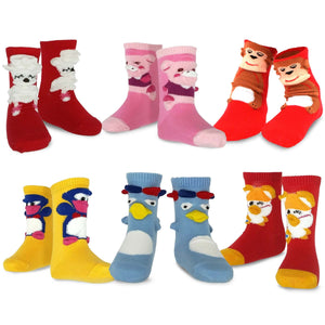 TeeHee Kids Girls Cotton Basic Crew Socks 6 Pair Pack (3-5Y, 3D Animals-6-8Y) K2109