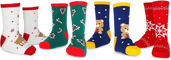 TeeHee Christmas Holiday Novelty Little Kids Crew Socks 4-Pair Teddy Bear-Candy Cane-Reindeer (K2203)