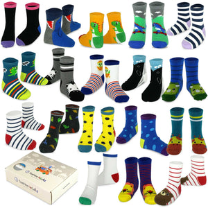 TeeHee Little Boys and Toddlers Casual Sports Novelty Cotton Crew Socks 18 Pair Pack Gift Box-Dinosaurs & Animals (203579)