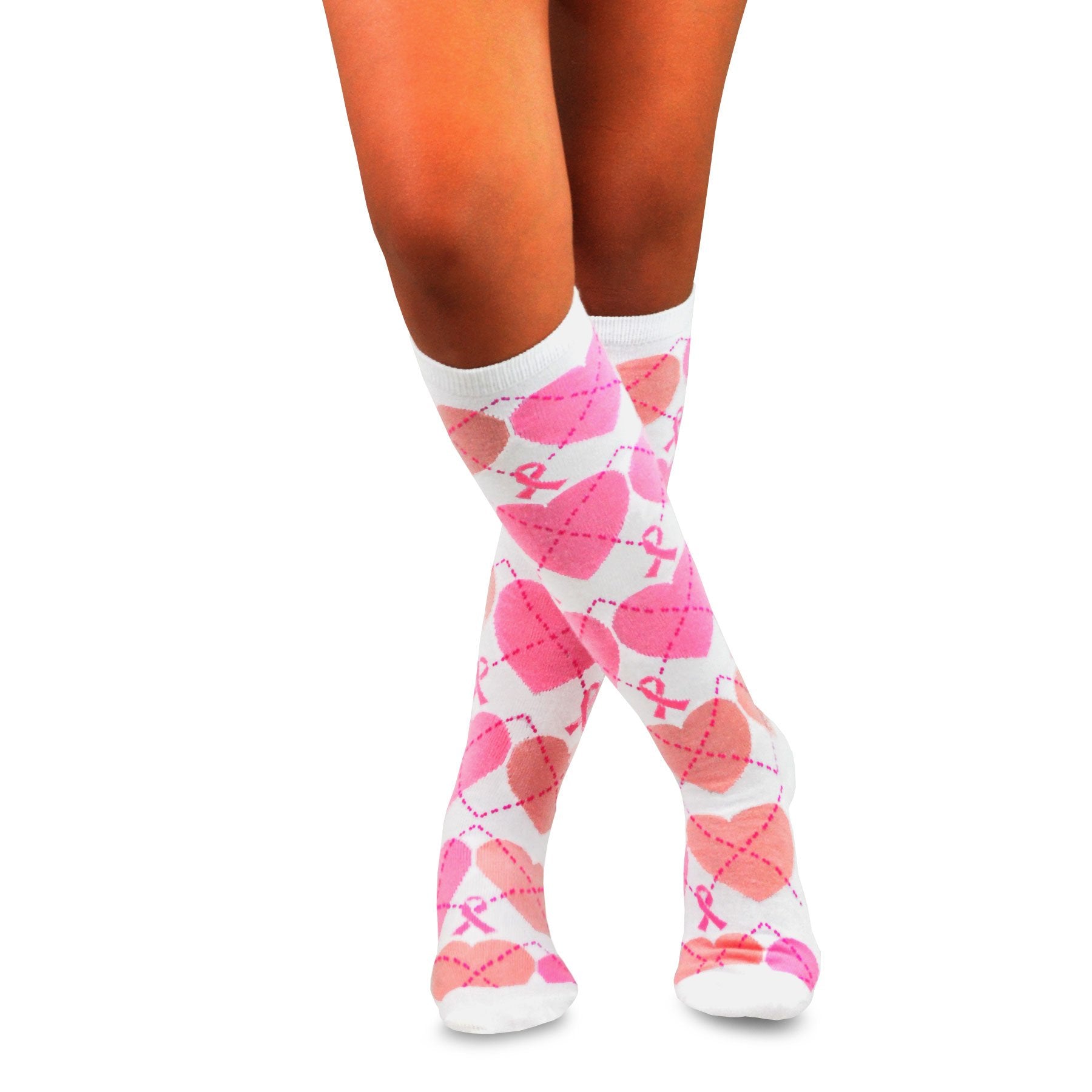 TeeHee Socks Women's Pink Ribbon Cotton Knee High Pink on White 3-Pack