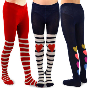 TeeHee Kids Girls Fashion Cotton Tights 3 Pair Pack (Stripe Heart) - TeeHee Socks