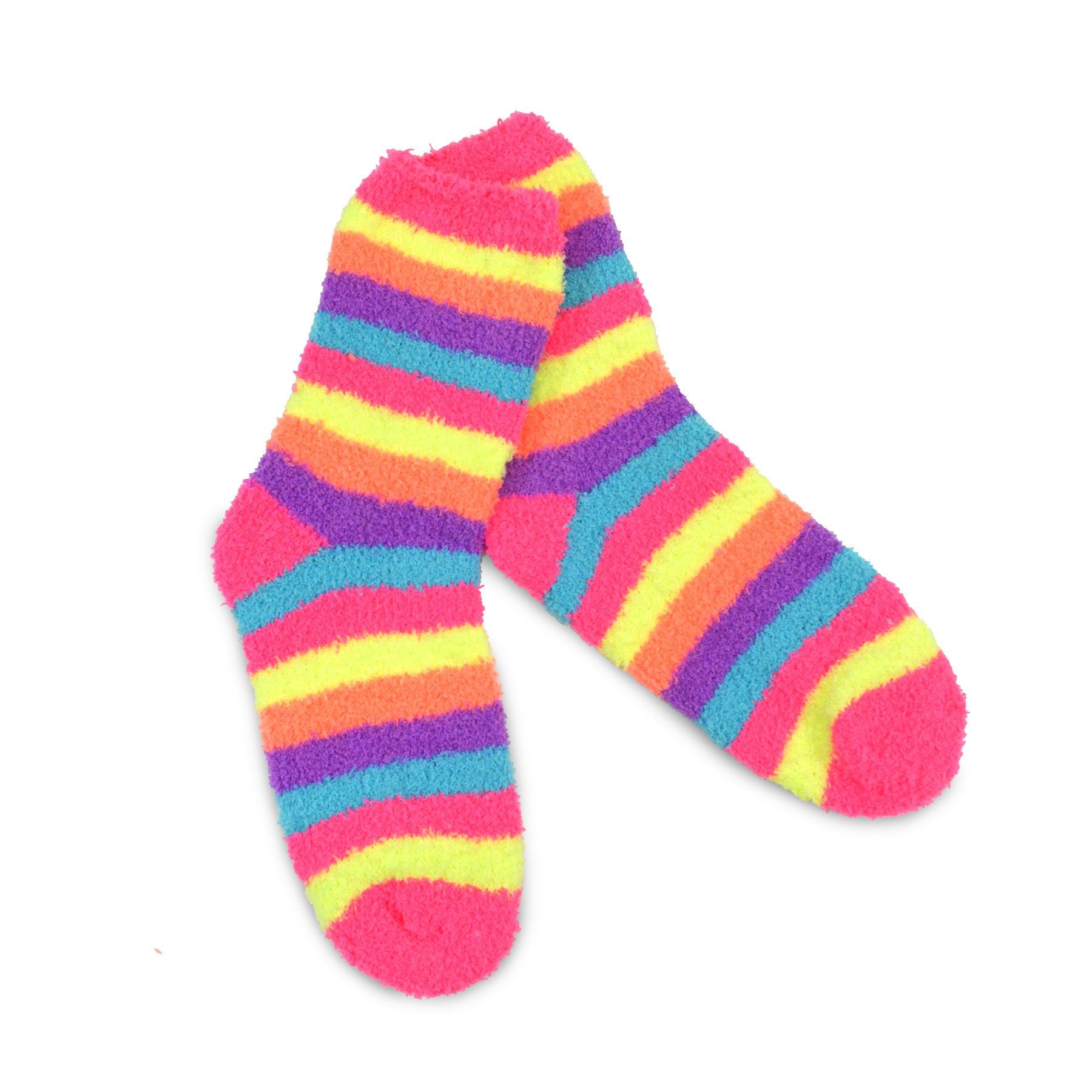 TeeHee Socks Women's Fuzzy Polyester Crew Neon Stripes 2-Pack (18001)